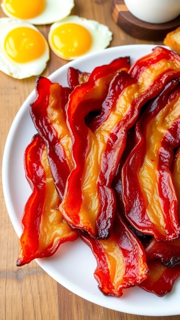 Crispy Air Fryer Bacon Recipe Crispy air fryer bacon strips on a plate, served with eggs and toast.